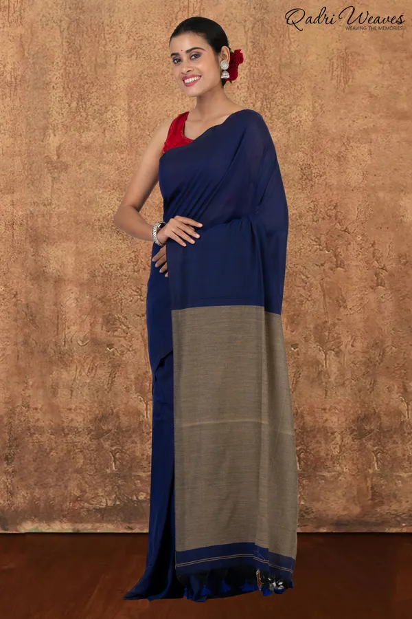 Denim_Blue_&_Grey_Pallu_Khadi_Saree_With_Blouse