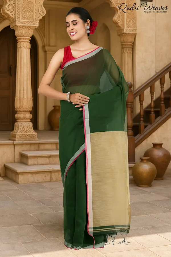 Seaweed_Green_&_Golden_Ghicha_Silk_Saree_With_Blouse