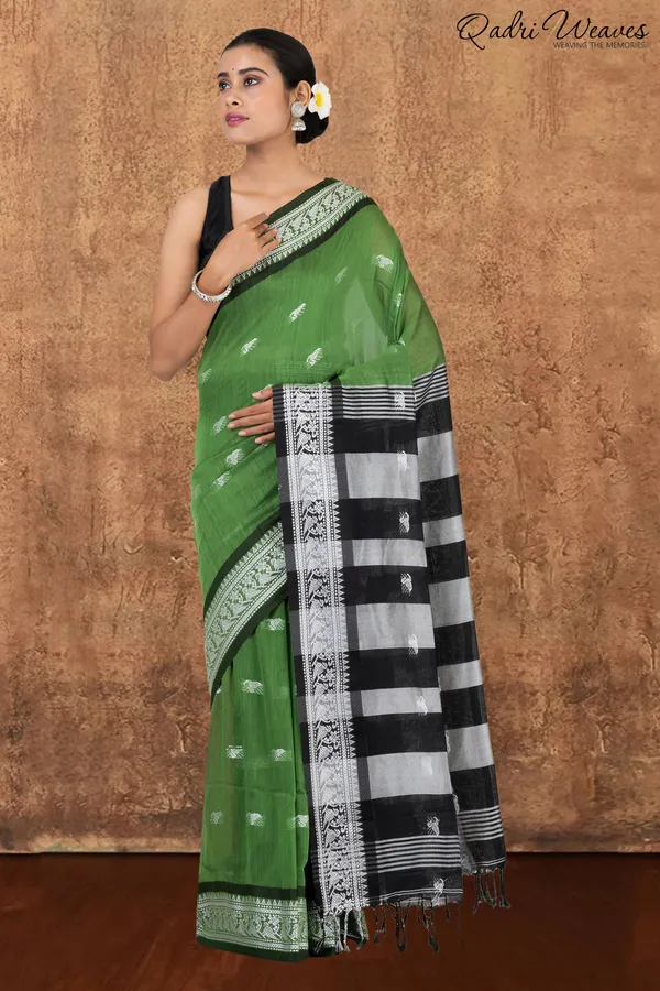 Green_&_Black_With_Silver_Butti_Work_Khadi_Saree_With_Blouse