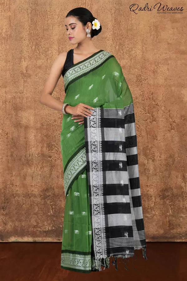 Green_&_Black_With_Silver_Butti_Work_Khadi_Saree_With_Blouse