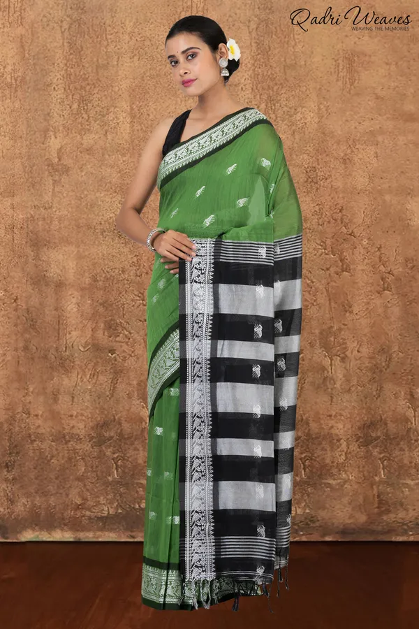 Green_&_Black_With_Silver_Butti_Work_Khadi_Saree_With_Blouse