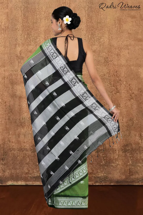 Green_&_Black_With_Silver_Butti_Work_Khadi_Saree_With_Blouse