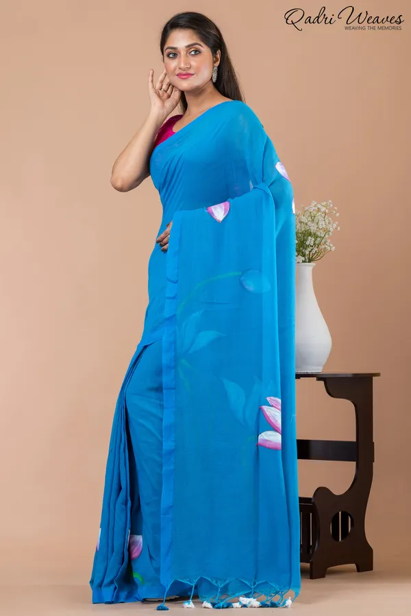 Hand_Painted_Pure_Cotton_Azure_Blue_Lotus_Flower_Design_Saree
