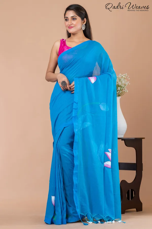 Hand_Painted_Pure_Cotton_Azure_Blue_Lotus_Flower_Design_Saree