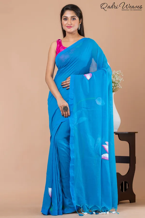 Hand_Painted_Pure_Cotton_Azure_Blue_Lotus_Flower_Design_Saree