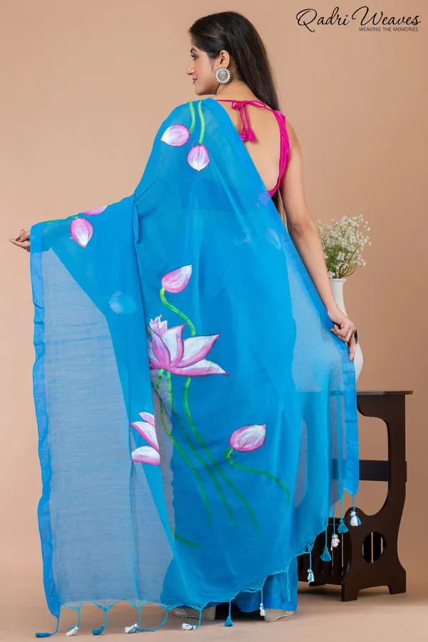 Hand_Painted_Pure_Cotton_Azure_Blue_Lotus_Flower_Design_Saree