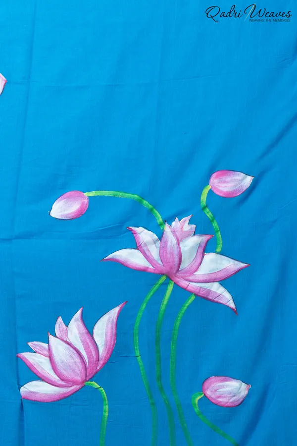 Hand_Painted_Pure_Cotton_Azure_Blue_Lotus_Flower_Design_Saree