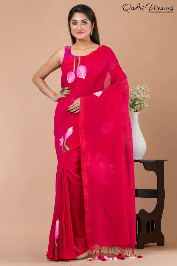 Hand_Painted_Pure_Cotton_Red_Lotus_Flower_Design_Saree