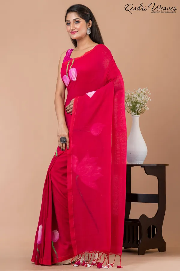 Hand_Painted_Pure_Cotton_Red_Lotus_Flower_Design_Saree