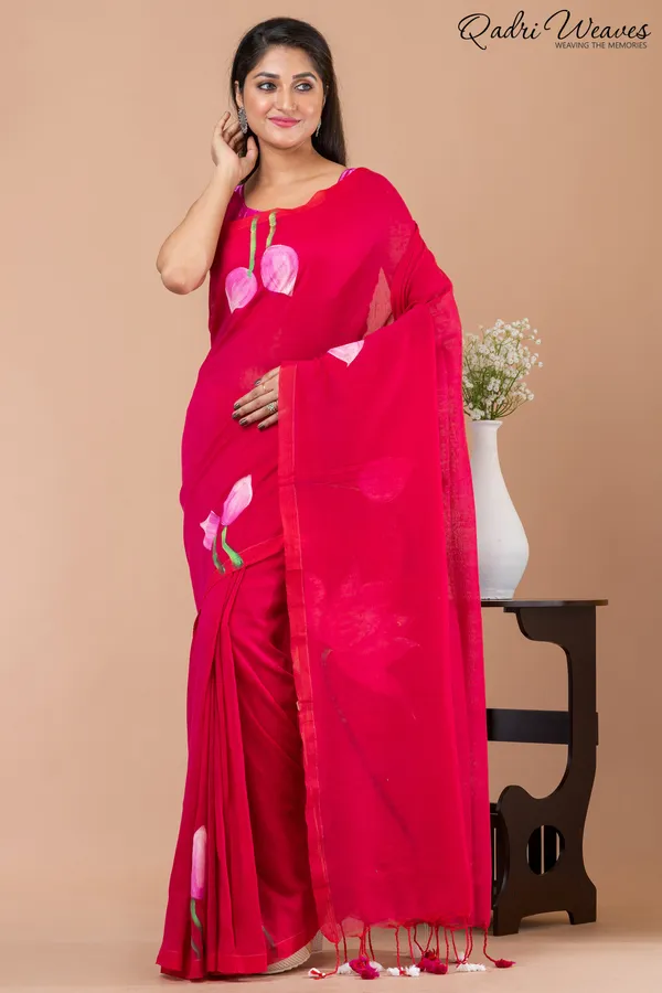Hand_Painted_Pure_Cotton_Red_Lotus_Flower_Design_Saree