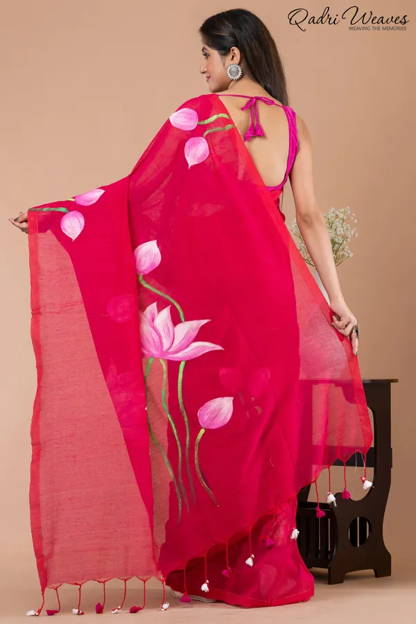 Hand_Painted_Pure_Cotton_Red_Lotus_Flower_Design_Saree