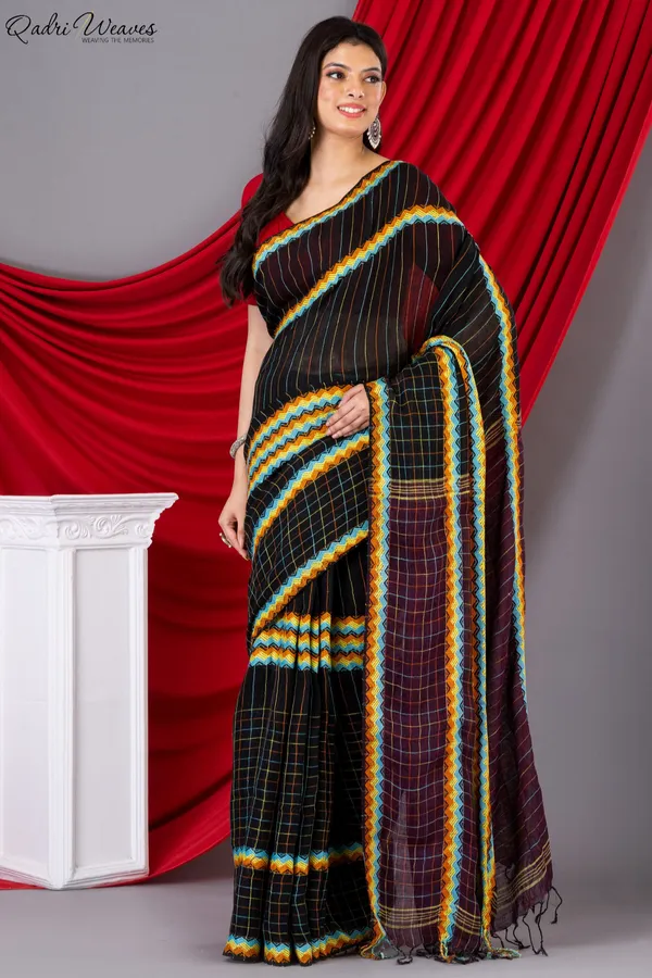 Handloom_Black_&_Maroon_Pure_Linen_Saree