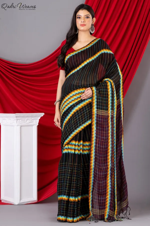 Handloom_Black_&_Maroon_Pure_Linen_Saree