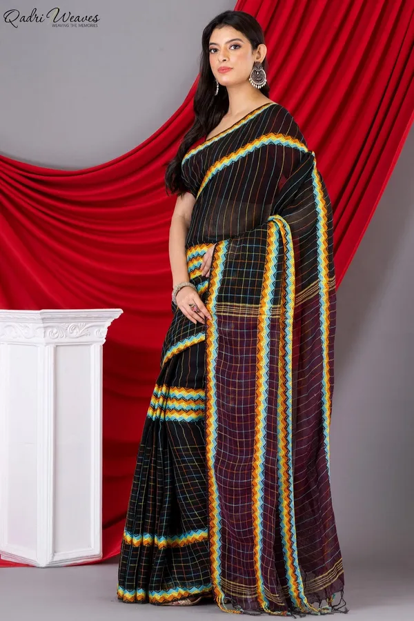 Handloom_Black_&_Maroon_Pure_Linen_Saree