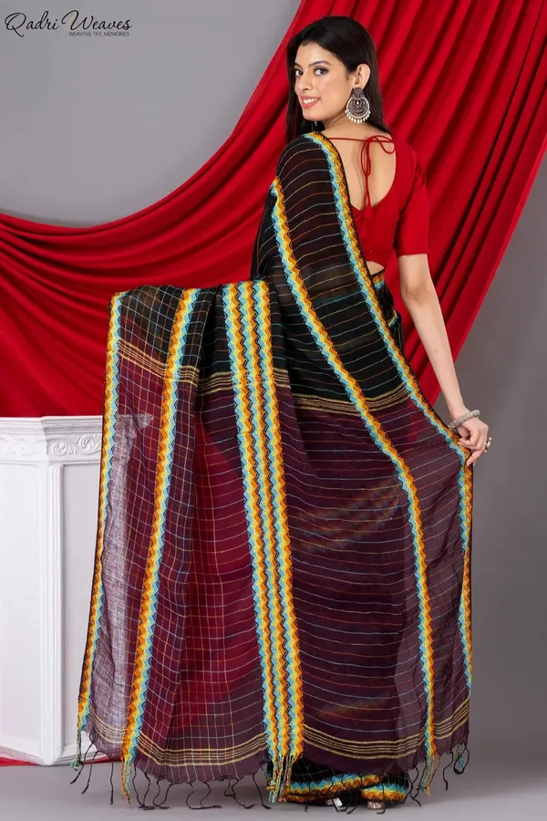 Handloom_Black_&_Maroon_Pure_Linen_Saree