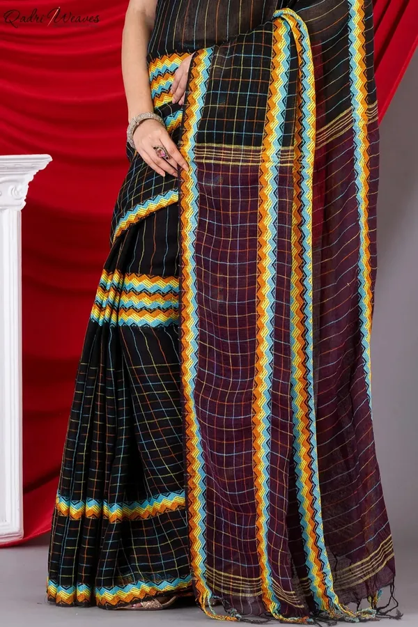 Handloom_Black_&_Maroon_Pure_Linen_Saree
