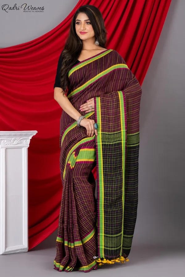 Handloom_Black_&_Wine_Pure_Linen_Saree