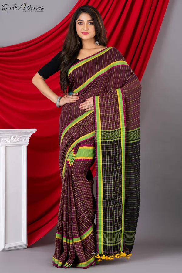 Handloom_Black_&_Wine_Pure_Linen_Saree