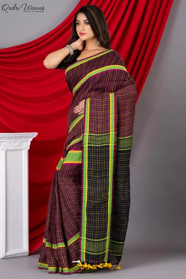 Handloom_Black_&_Wine_Pure_Linen_Saree