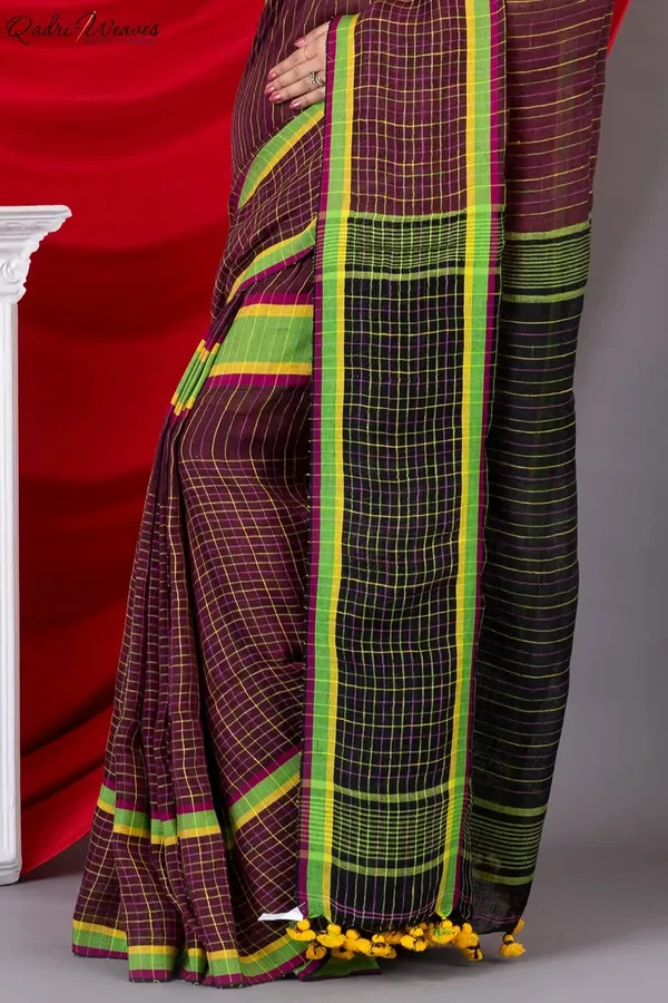 Handloom_Black_&_Wine_Pure_Linen_Saree