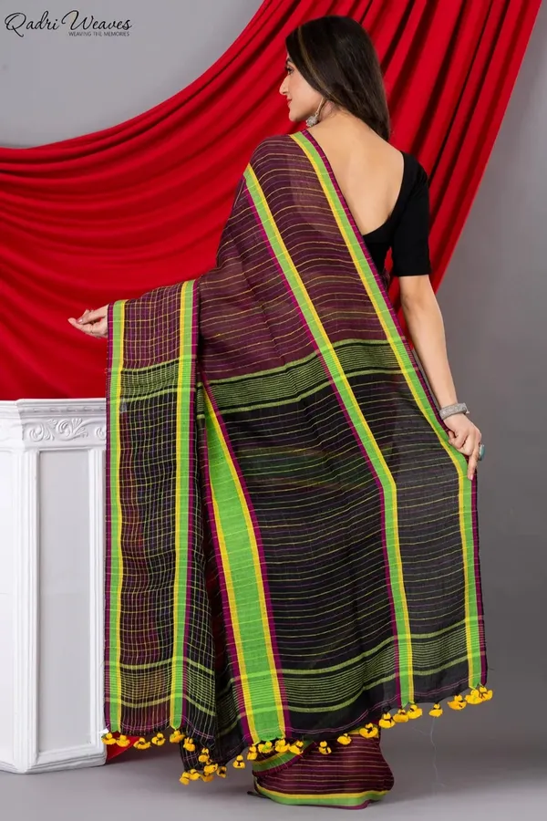 Handloom_Black_&_Wine_Pure_Linen_Saree