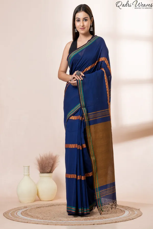 Handloom_Blue_&_Brown_Premium_Cotton_With_Zig-Zag_Border_Design_Saree