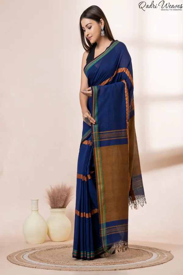 Handloom_Blue_&_Brown_Premium_Cotton_With_Zig-Zag_Border_Design_Saree