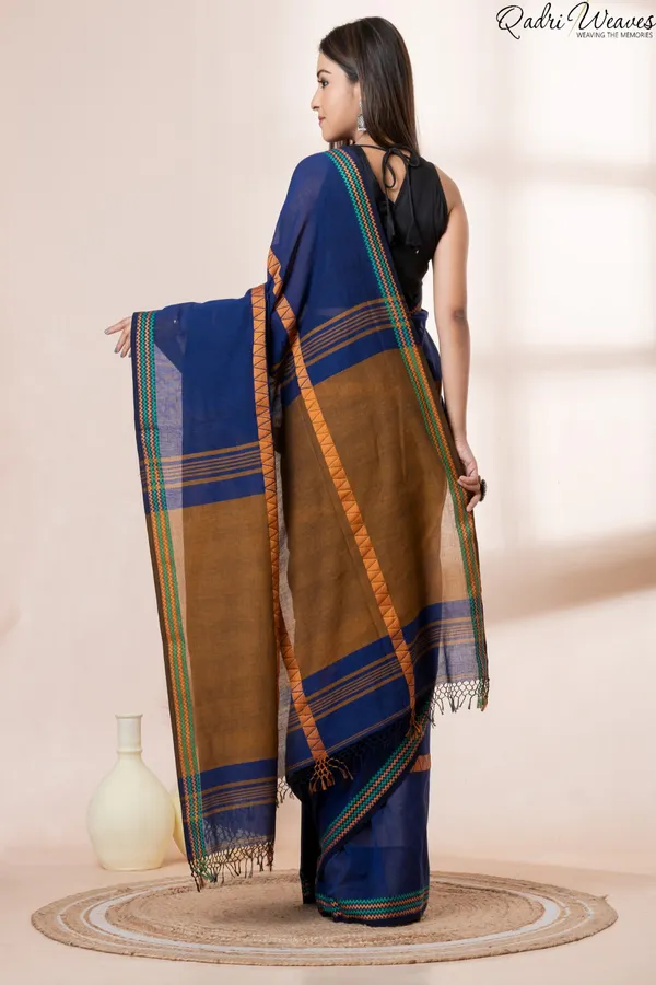 Handloom_Blue_&_Brown_Premium_Cotton_With_Zig-Zag_Border_Design_Saree