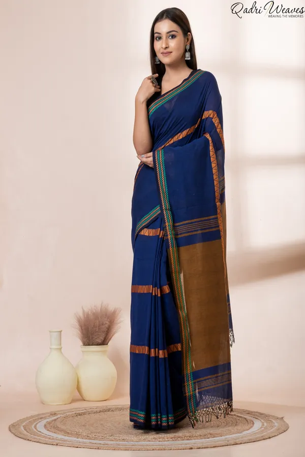Handloom_Blue_&_Brown_Premium_Cotton_With_Zig-Zag_Border_Design_Saree