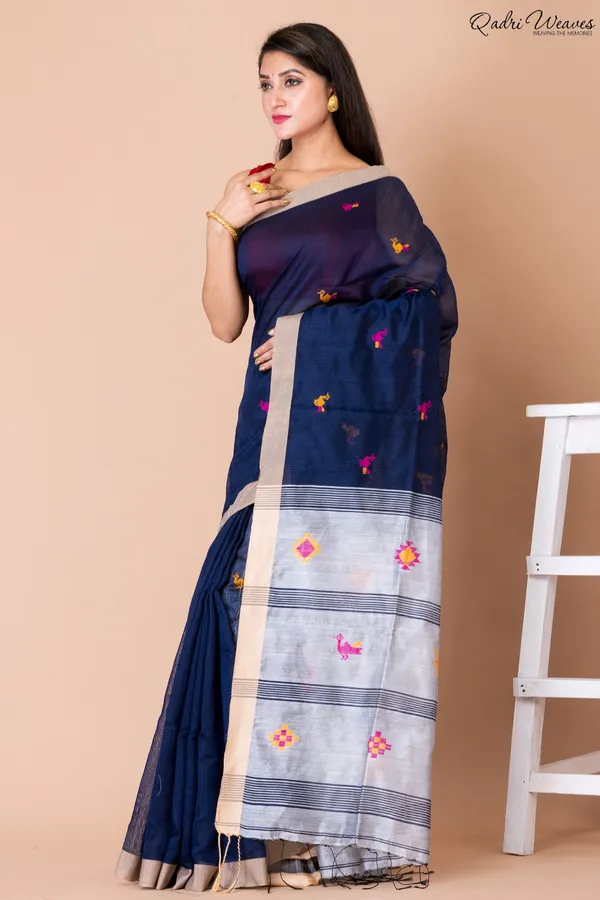 Handloom_Blue_&_Silver_Kota_Silk_X_Acrylic_Cotton_Saree