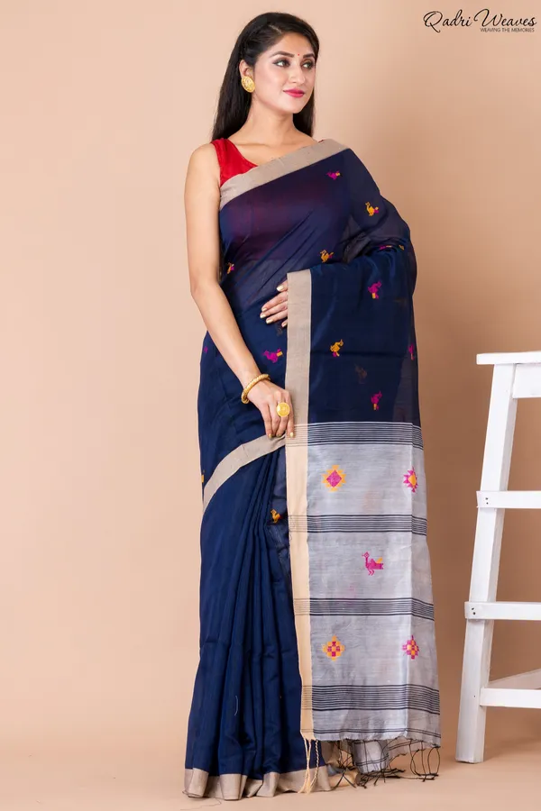 Handloom_Blue_&_Silver_Kota_Silk_X_Acrylic_Cotton_Saree