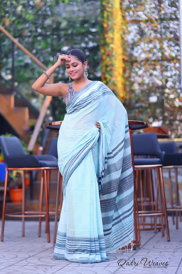 Handloom_Bluish_Self_Design_With_Stylish_Striped_Pallu_Premium_Cotton_Saree