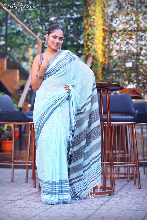Handloom_Bluish_Self_Design_With_Stylish_Striped_Pallu_Premium_Cotton_Saree