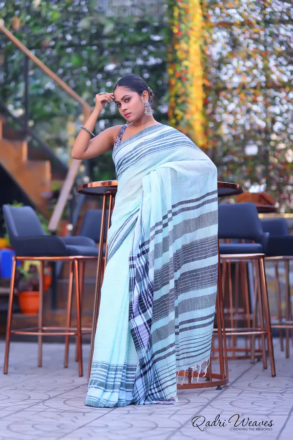 Handloom_Bluish_Self_Design_With_Stylish_Striped_Pallu_Premium_Cotton_Saree