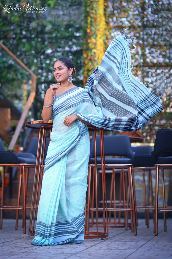 Handloom_Bluish_Self_Design_With_Stylish_Striped_Pallu_Premium_Cotton_Saree