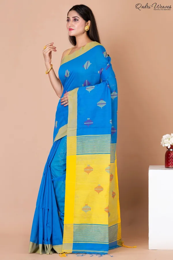 Handloom_Bluish_&_Yellow_Kota_Silk_X_Acrylic_Cotton_Saree