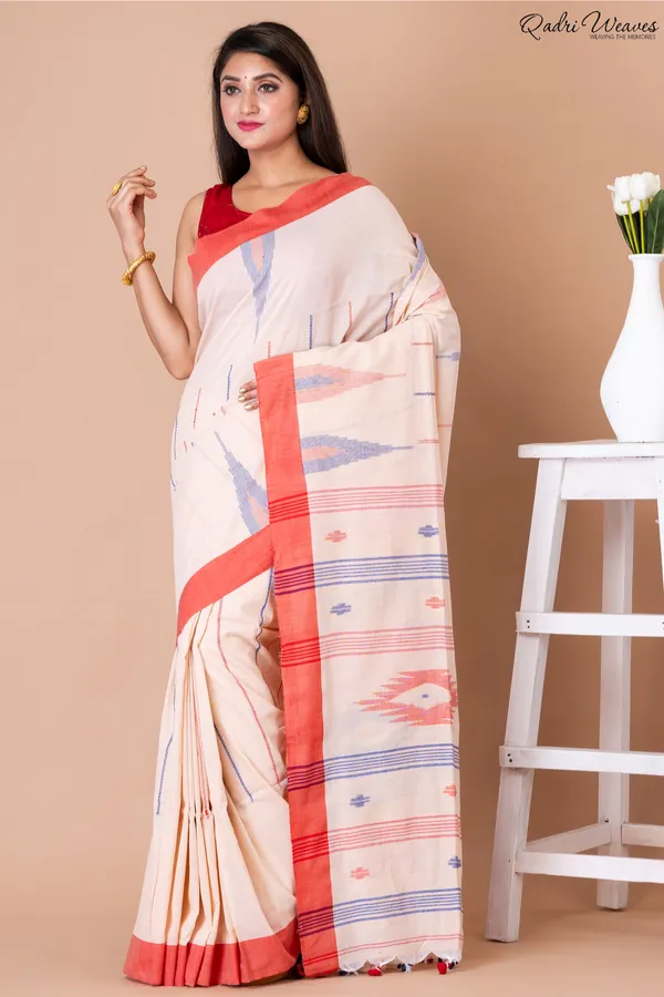 Handloom_Cantaloupe_Pure_Cotton_Kantha_&_Jamdani_Saree