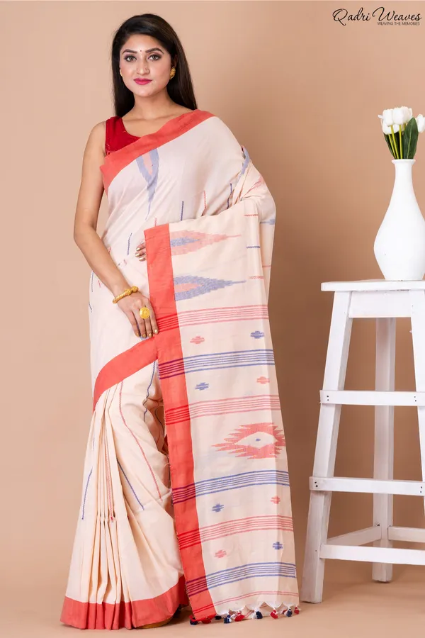 Handloom_Cantaloupe_Pure_Cotton_Kantha_&_Jamdani_Saree