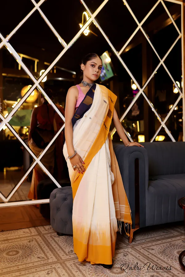Handloom_Cream_And_Orange_Premium_Cotton_Box_Design_Ikat_Saree