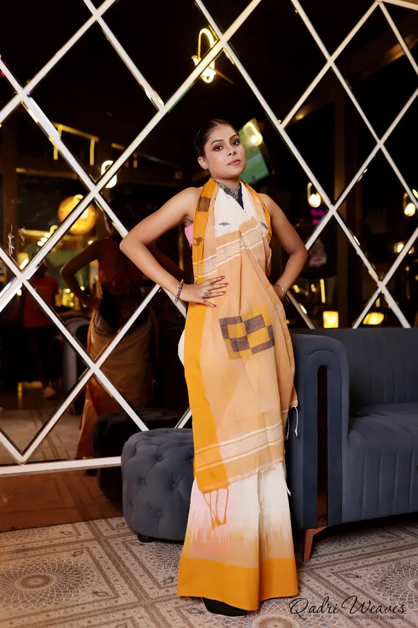 Handloom_Cream_And_Orange_Premium_Cotton_Box_Design_Ikat_Saree