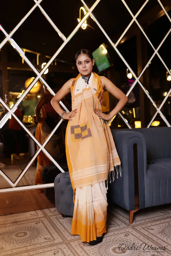 Handloom_Cream_And_Orange_Premium_Cotton_Box_Design_Ikat_Saree