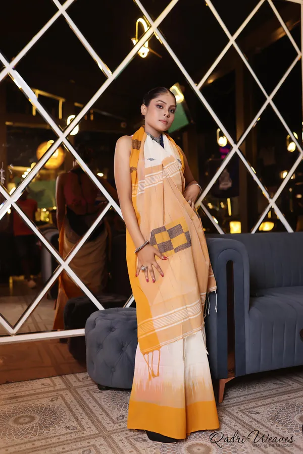 Handloom_Cream_And_Orange_Premium_Cotton_Box_Design_Ikat_Saree