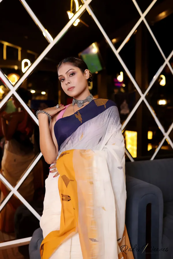 Handloom_Cream_And_Orange_Premium_Cotton_Box_Design_Ikat_Saree