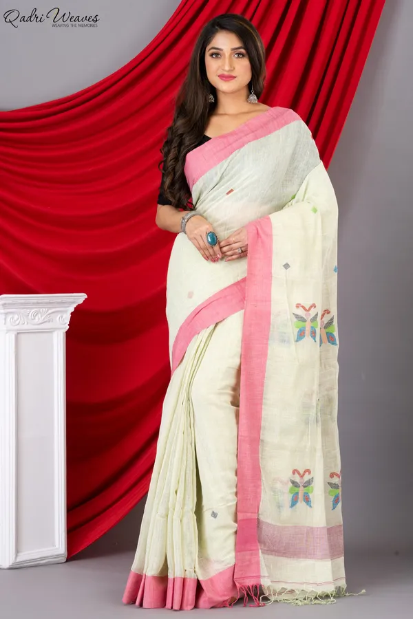 Handloom_Cream_Pure_Linen_Jamdani_&_Butterfly_Motif_All_Saree