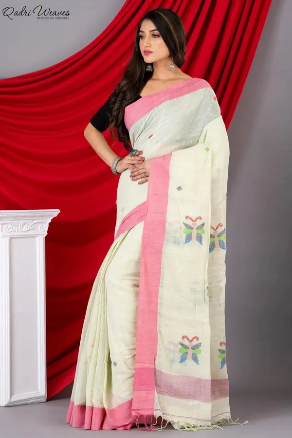 Handloom_Cream_Pure_Linen_Jamdani_&_Butterfly_Motif_All_Saree