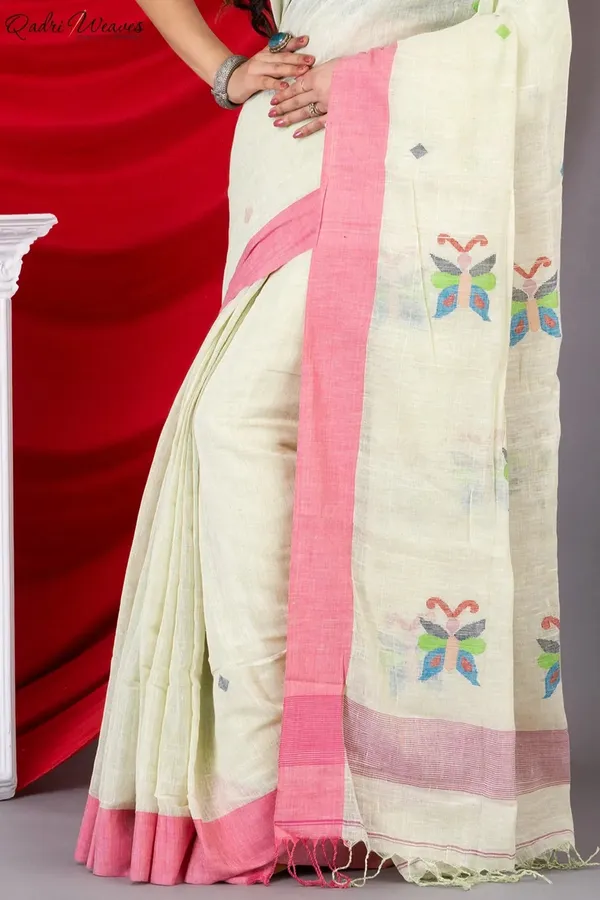 Handloom_Cream_Pure_Linen_Jamdani_&_Butterfly_Motif_All_Saree