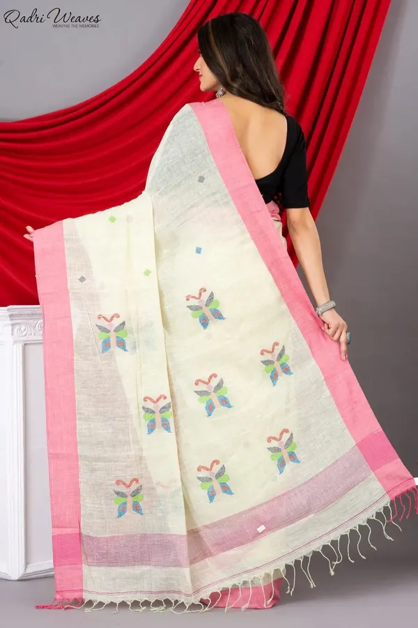 Handloom_Cream_Pure_Linen_Jamdani_&_Butterfly_Motif_All_Saree