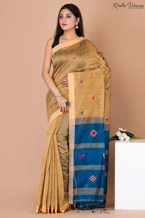 Handloom_Golden_&_Blue_Kota_Silk_X_Acrylic_Cotton_Saree