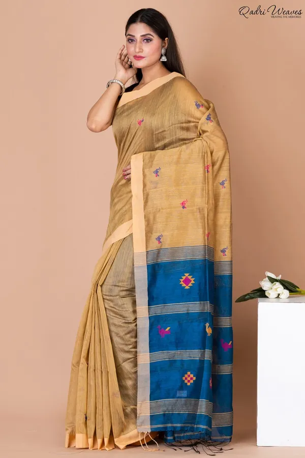 Handloom_Golden_&_Blue_Kota_Silk_X_Acrylic_Cotton_Saree