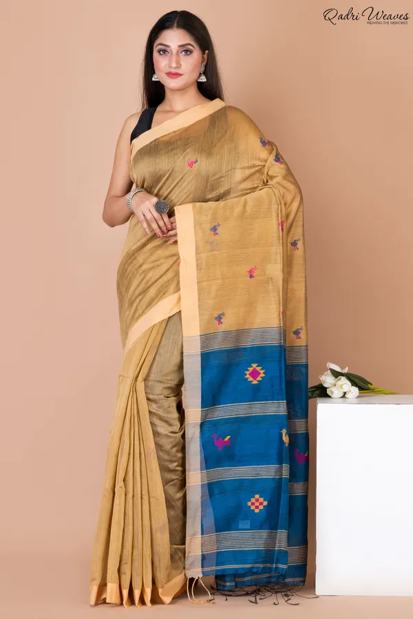 Handloom_Golden_&_Blue_Kota_Silk_X_Acrylic_Cotton_Saree